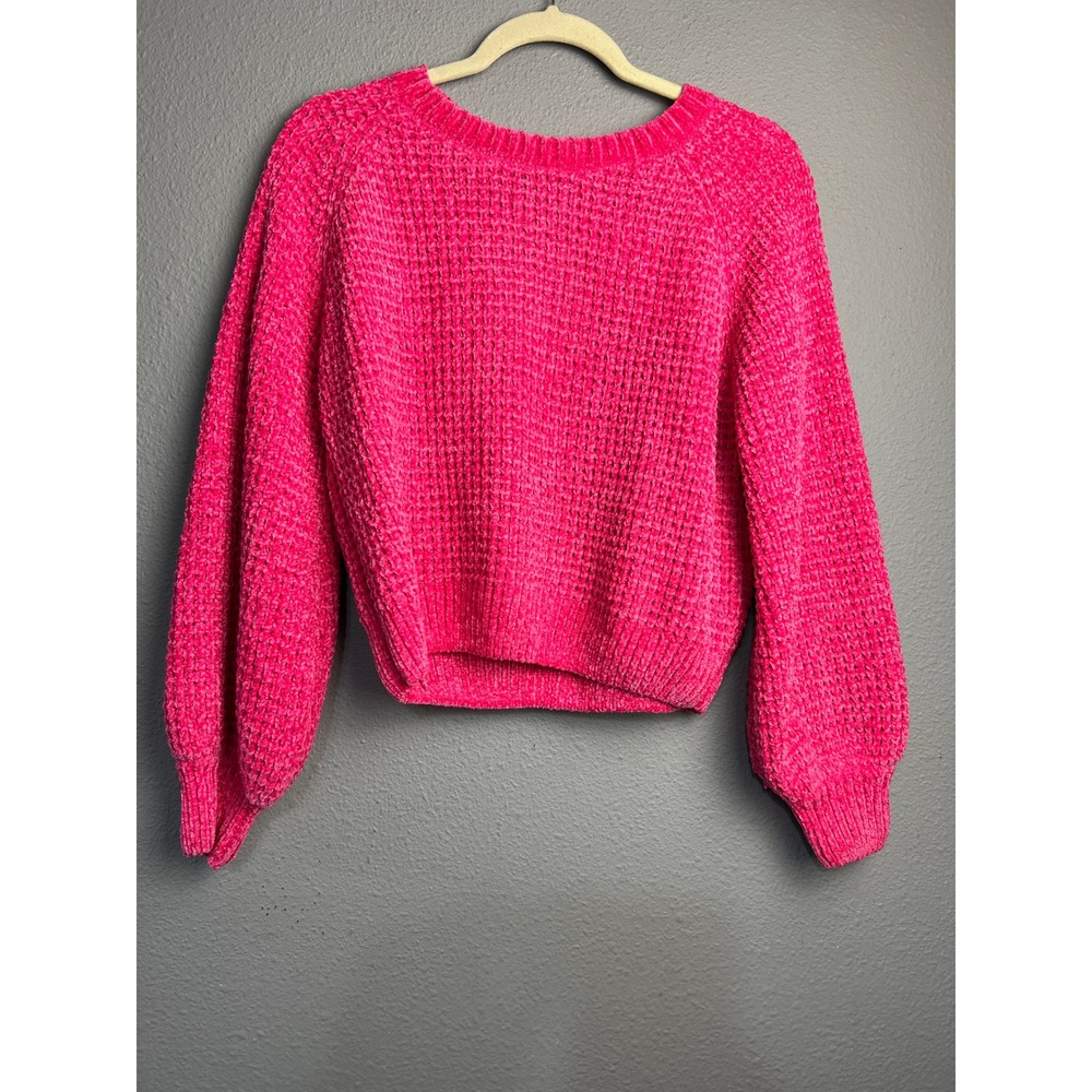 Altard State Sm Hot Pink Chenille Cropped Sweater Balloon Sleeve Cozy Romantic